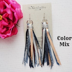 Denim tassel earrings, handmade fabric jean dangle earrings, denim fringe earrings, boho denim jewelry, distressed denim earrings, handmade Color Mix