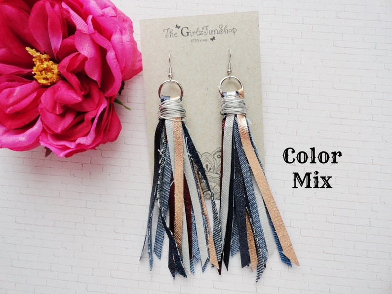 Denim tassel earrings, handmade fabric jean dangle earrings, denim fringe earrings, boho denim jewelry, distressed denim earrings, handmade Color Mix