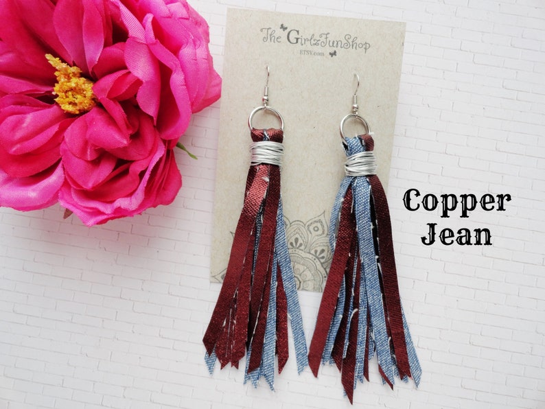 Denim tassel earrings, handmade fabric jean dangle earrings, denim fringe earrings, boho denim jewelry, distressed denim earrings, handmade Copper Jean