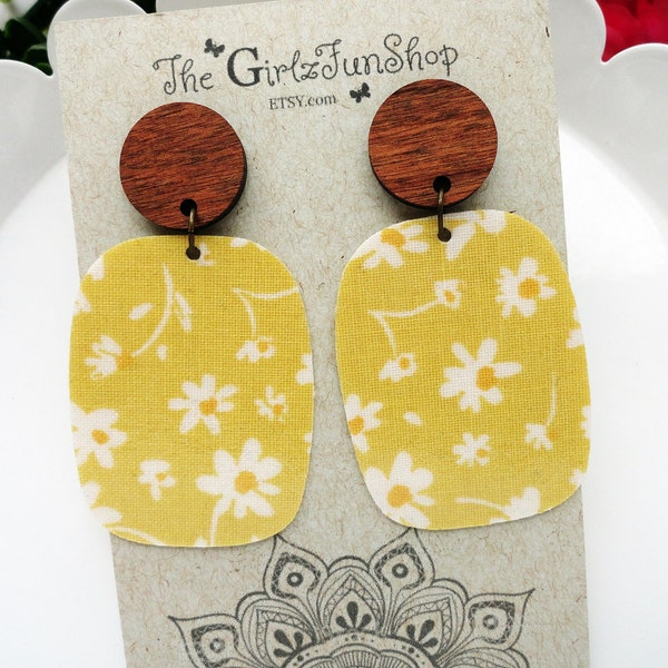 Yellow floral fabric round rectangle and wood post, textile earrings, dangle drop earrings, boho and chic, unique handmade dangle