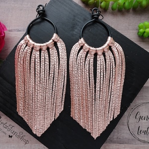 Rose Gold Leather fringe earrings, handmade wire hoops, genuine leather earrings, boho jewelry, cowgirl earring, long fringe earrings,