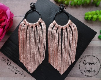 Rose Gold Leather fringe earrings, handmade wire hoops, genuine leather earrings, boho jewelry, cowgirl earring, long fringe earrings,