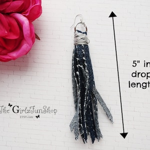 Denim tassel earrings, handmade fabric jean dangle earrings, denim fringe earrings, boho denim jewelry, distressed denim earrings, handmade image 2