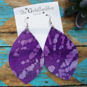 Purple Batik fabric petal earrings, trendy earrings, dangle and drop leaf earrings, magnolia leaf, textile , lightweight, modern unique,