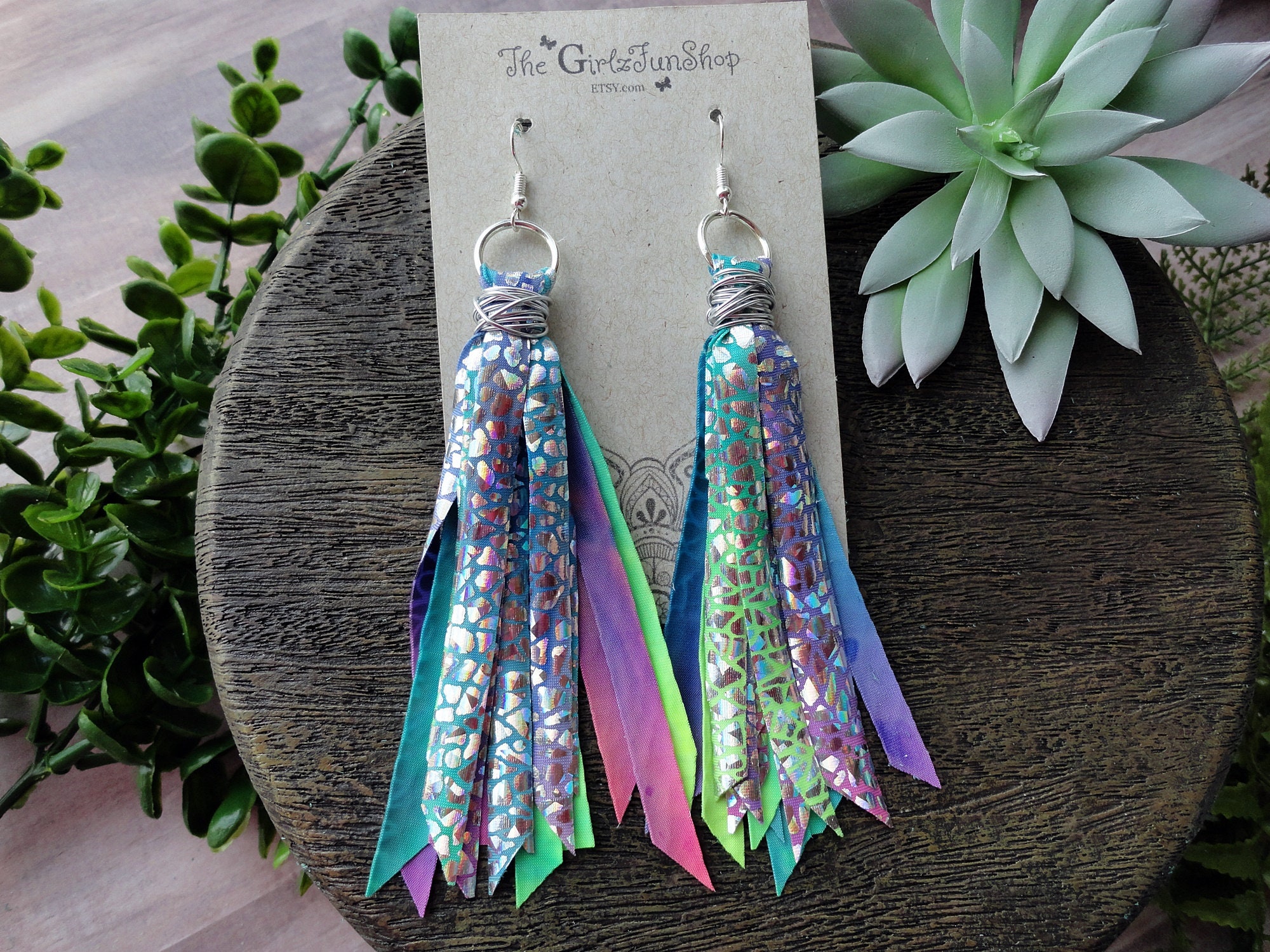 Multicolor fabric  fringe tassel earrings, handmade fabric dangle earrings, gipsy jewelry, boho earrings, ribbon earrings, polyester tassels