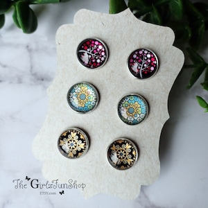 12 mm Glass cabochon Studs, printed graphic round Studs, stainless steel bezel, gifts under 15, colorful glass studs, small earrings