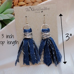 Denim tassel earrings, handmade fabric jean dangle earrings, denim fringe earrings, boho denim jewelry, distressed denim earrings, handmade image 3