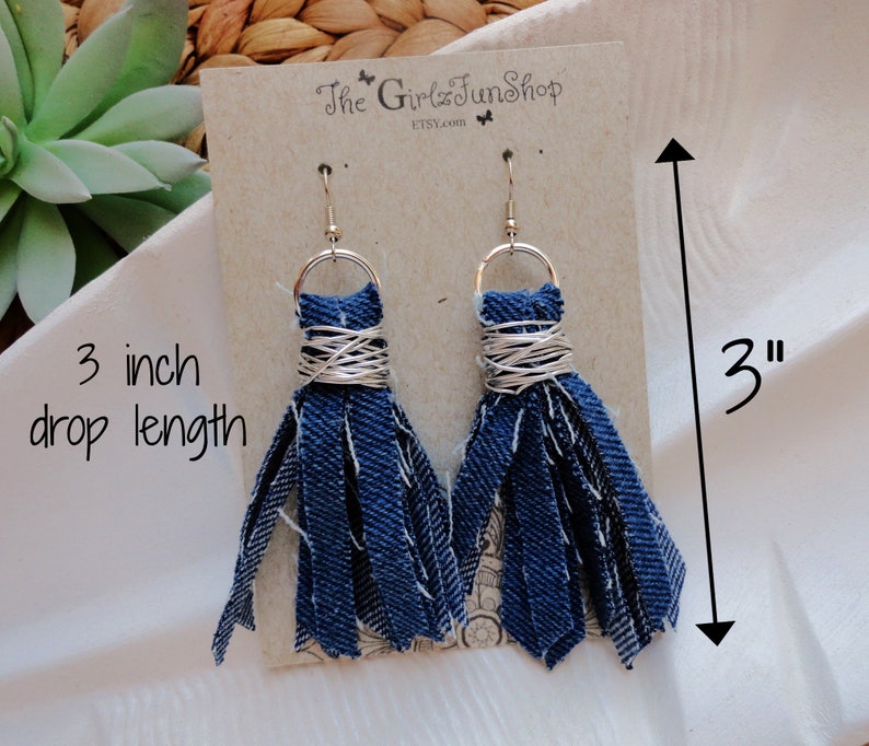 Denim tassel earrings, handmade fabric jean dangle earrings, denim fringe earrings, boho denim jewelry, distressed denim earrings, handmade image 3