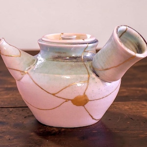 24k Gold Kintsugi Kyusu Teapot - Local Artist Celadon Ceramic - Museum Grade Restoration - Wabi Sabi Art Object - Zen Home Decor