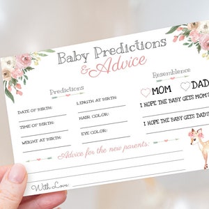 Modèle de carte de prédictions et de conseils de bébé de cerf floral crème blush modifiable ; Jeux de douche Woodland Baby Girl; Modifier en ligne + imprimer aujourd'hui