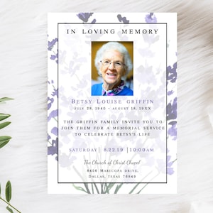 PLANTILLA EDITABLE de Anuncio del Servicio Conmemorativo de Lavanda; Violeta púrpura en invitación al funeral de la memoria amorosa; Descarga instantánea IMPRIMIBLE