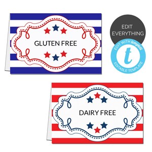 4th of July EDITABLE PRINTABLE Tent Cards Food Cards Name Place Cards Stars and Stripes Buffet Cards Food Label Party Decor Instant Download