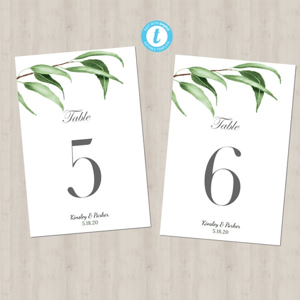 Green Hanging Leaf Stem Wedding Table Numbers; Greenery Botanical Garden Dinner Minimalist; EDITABLE Template Instant Download Printable