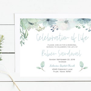 EDITABLE Blue Green Floral Celebration of Life Funeral Announcement Template; PRINTABLE Memorial Invitation; Edit Online + Print Today CL2