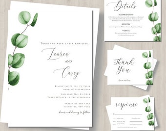 Suite per inviti di nozze ad acquerello di eucalipto verde; Kit per matrimonio nel verde; minimalista; 4 modelli modificabili; Download immediato stampabile
