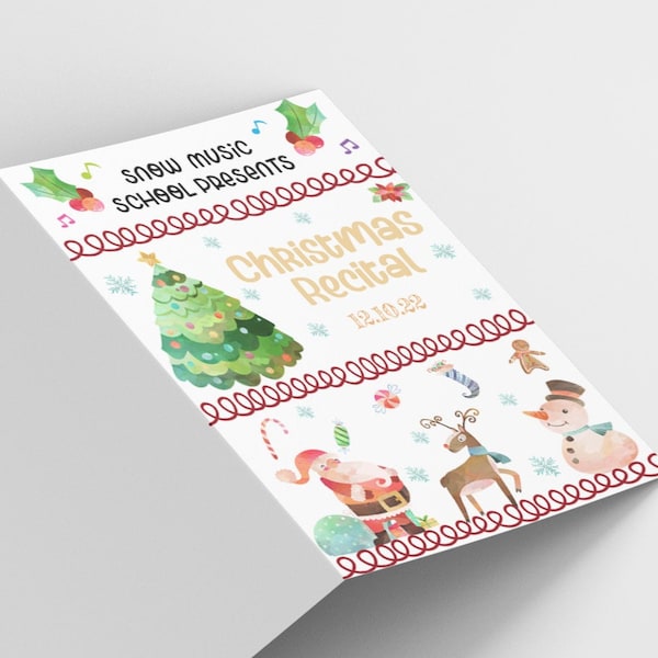 Editable Red White Christmas Piano Recital Program Template; Holiday Music Program; Performance Schedule; Doublesided; Edit + Print Today