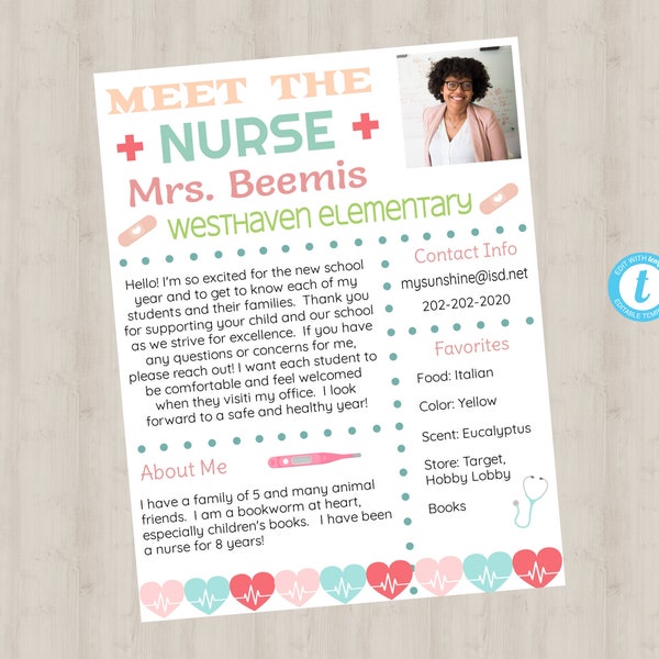 EDITABLE Meet The Nurse template; Meet the Teacher, Back to School, First Day of School Handout; Health Bandaid; Edit Online + Print Today