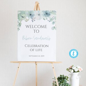 EDITABLE Blue Green Floral Celebration of Life Welcome Sign Template