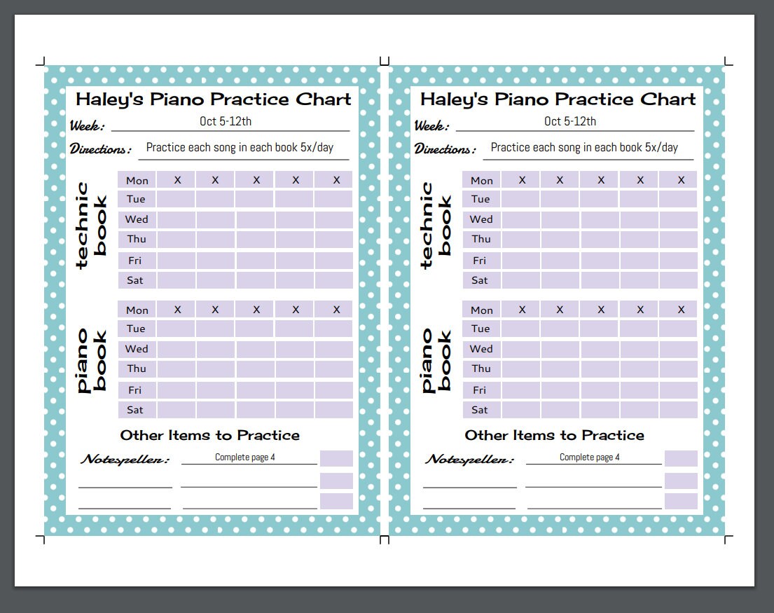 Editable Piano Practice Chart Template Children's Piano Lesson Tracker
