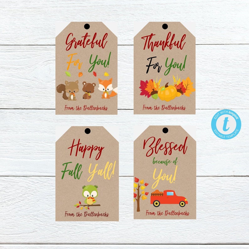 Editable Fall Thankful for You Gift Tag Templates; Harvest Gratitude ...