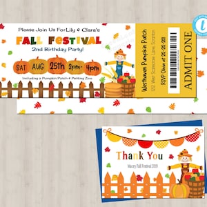 EDITIERBARE Fall Festival Birthday Party Ticket Einladung & Danke Karten Vorlagen Set; Ernte Kürbis Aufnäher; Online bearbeiten + noch heute drucken