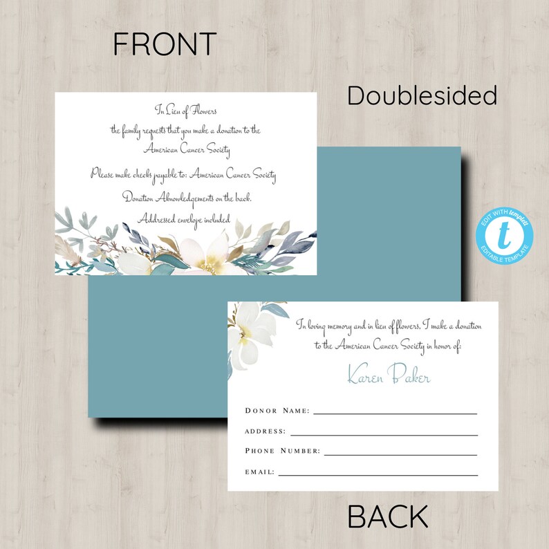 Editable White Teal Floral Donation Card Template in Lieu of Flowers