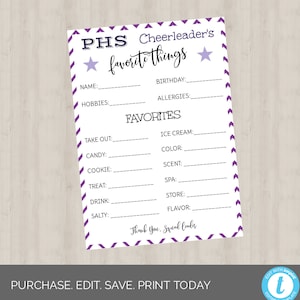 Purple Cheerleader&#39;s Favorite Things; High School Cheerleader; Cheer Squad Get to Know You; EDITABLE Template Instant Download PRINTABLE
