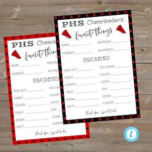 EDITABLE Cheerleader&#39;s Favorite Things; Red Black School ; Cheer Squad Camp; Get to know you survey; Back to School; Edit + Print Today