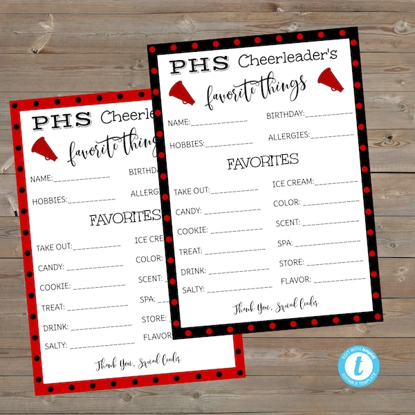EDITABLE Cheerleader's Favorite Things; Red Black School ; Cheer Squad Camp; Get to know you survey; Back to School; Edit + Print Today