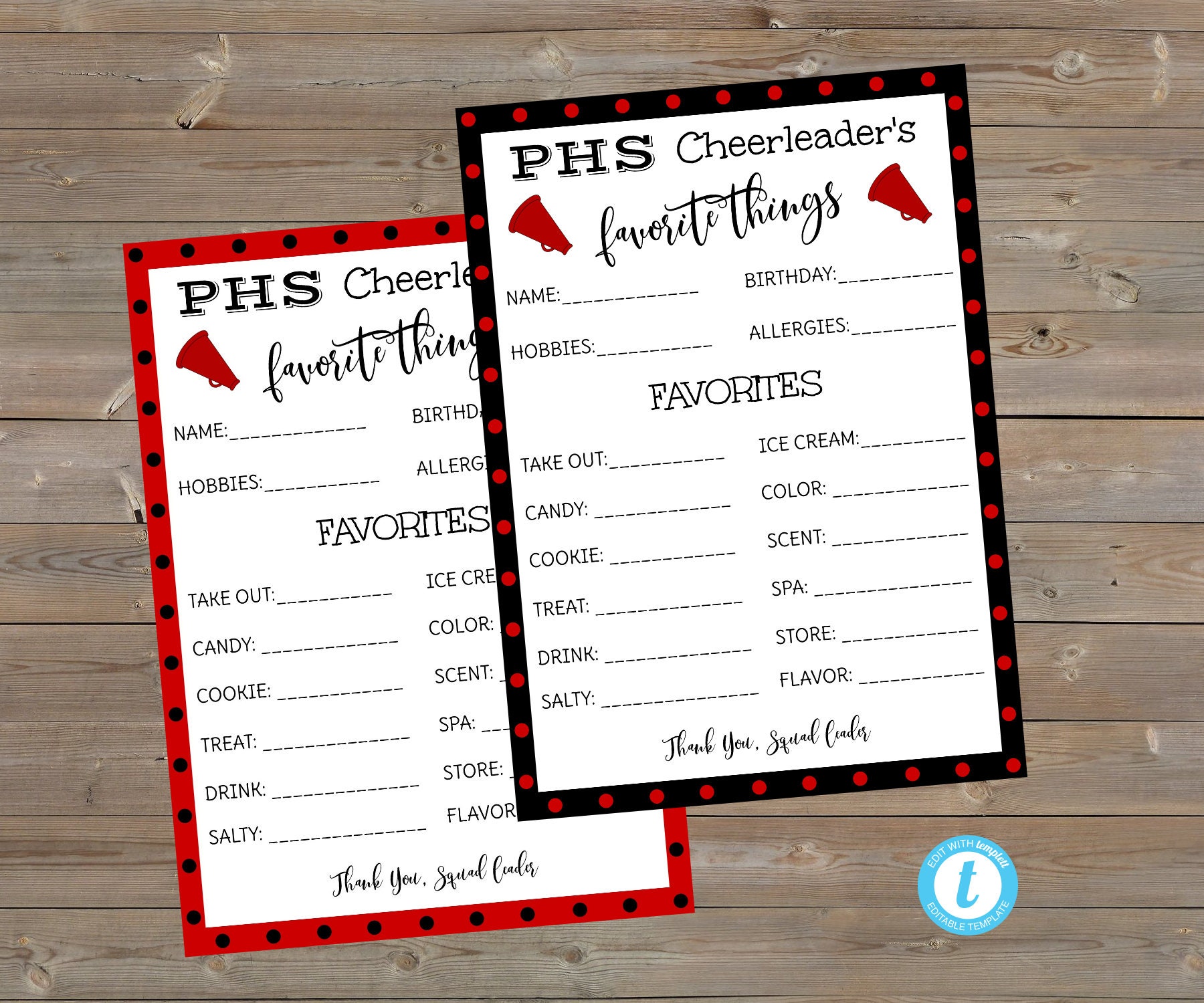 EDITABLE Cheerleader's Favorite Things Red Black School Cheer Squad