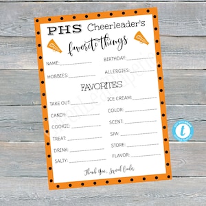 Editable Cheerleader&#39;s Favorite Things Template; High School; Cheer Squad Camp; Get to Know You; Back to School; Edit + Print Online TB2