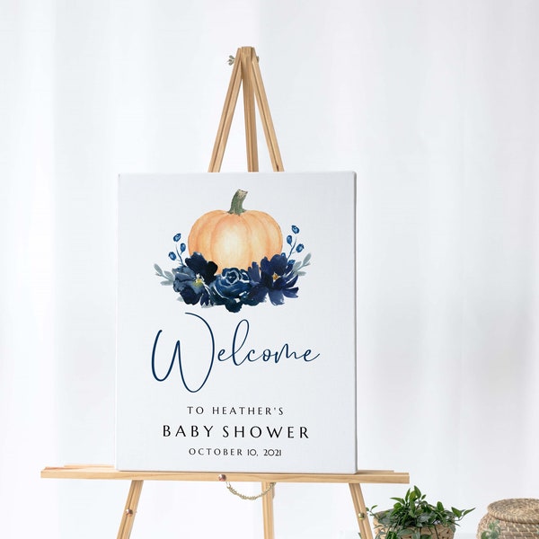 EDITABLE Navy Floral Orange Pumpkin Baby Shower Welcome Sign Template; Fall Autumn Harvest; Baby Boy Girl; Decor; Edit Online + Print Today