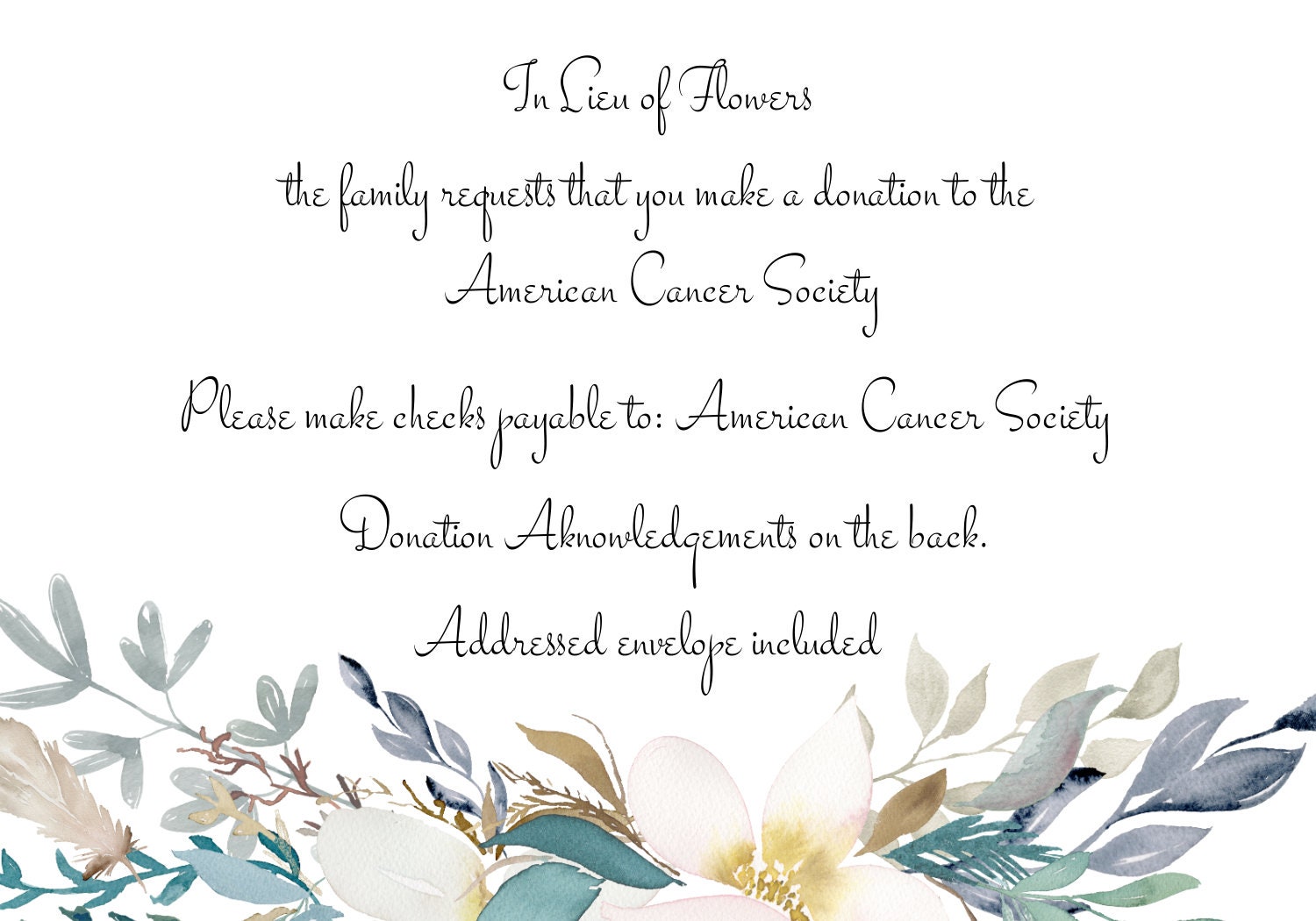 Editable White Teal Floral Donation Card Template in Lieu of Flowers