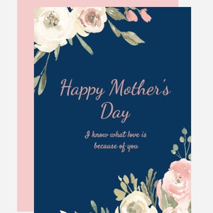 Schöne Marine und Plüsch Muttertags-Rosen-Bouquet-Karte; Rosa und weiße Rosen; Hübsche Blumen; Plüsch farbige kurvige Schreibschrift