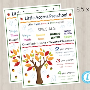 EDITABLE Little Acorns Specials Flyer 3 Template; Editable Template; Preschool Template;  Edit Online + Print Today
