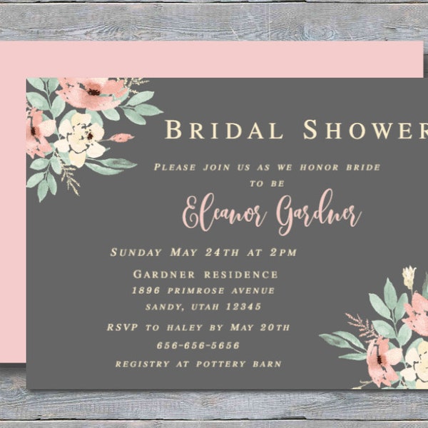 Rustic Peach Pink Yellow Watercolor Floral Bridal Shower Invitation; Greenery; Fall Botanical Chocolate; EDITABLE template Instant Download