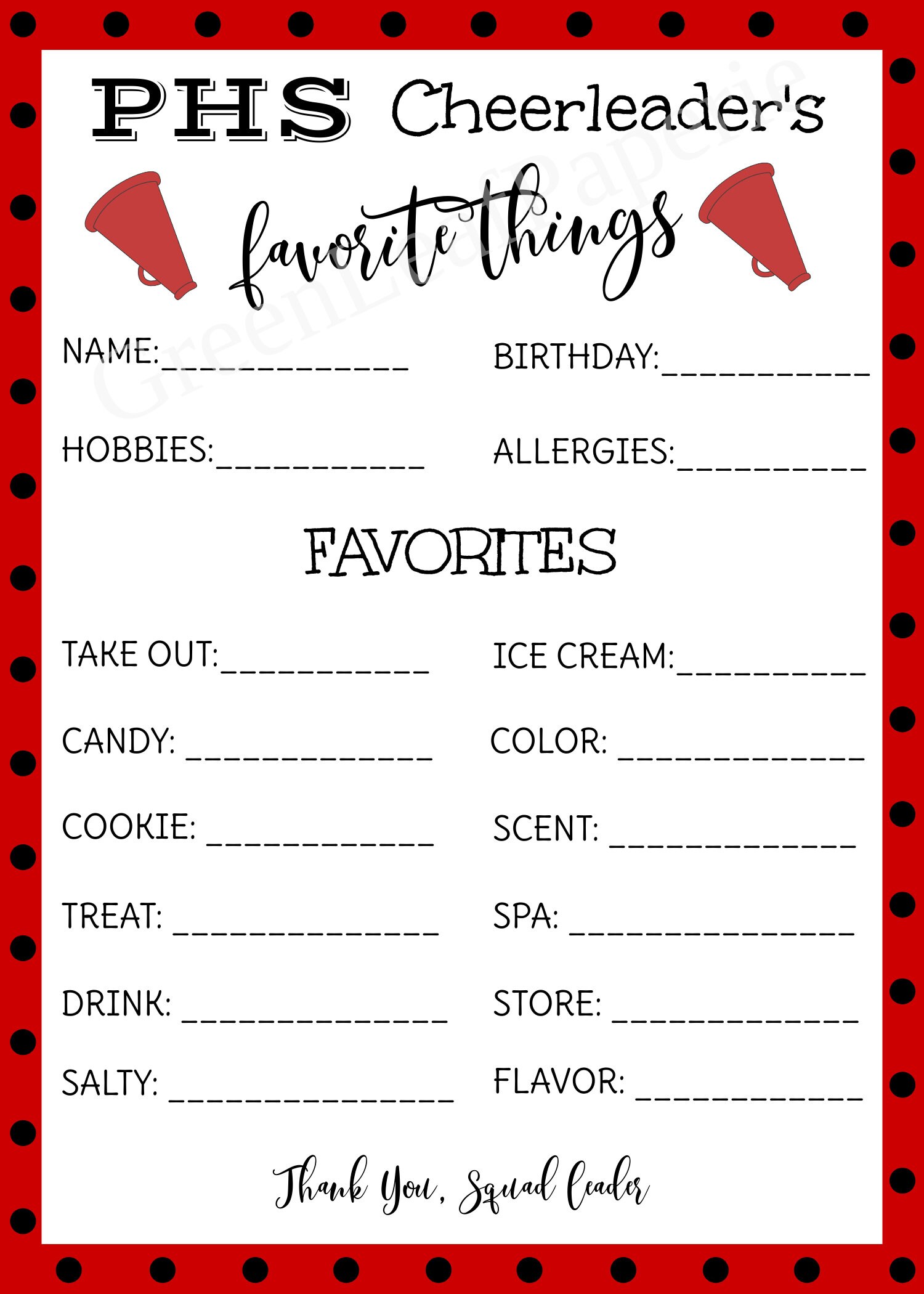 EDITABLE Cheerleader's Favorite Things Red Black School Cheer Squad