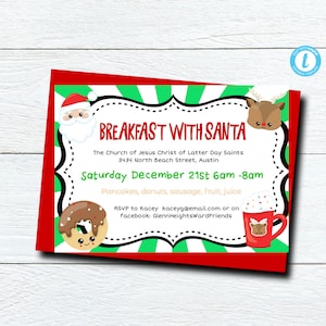 EDITABLE Breakfast with Santa Green Invitation Template; Church Community Holiday Breakfast Invitation; Pancake Donut Breakfast; Printable