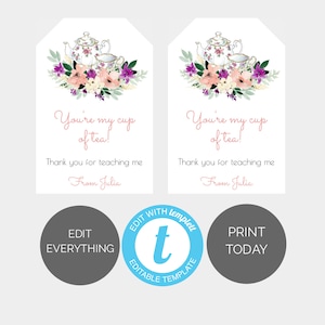 Teekanne Floral Dankeschön-Tag; Teekarte; Aquarell Geschenkanhänger; Lehrer-Anerkennungs-Tag; EDITIERBARE VORLAGE Sofortiger Download Printable