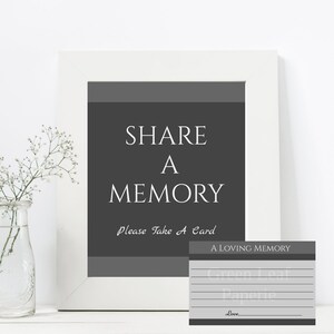 2 EDITABLE Charcoal Share A Memory Template Set; 8x10 Sign 2 Syles 6x4 Memory Card; Funeral Keepsake; Celebration of Life; Printable FC1