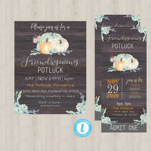 Editable Rustic Friendsgiving Potluck Ticket Invitation and Sign Templates, 3x7, 8.5x11, Thanksgiving Dinner Pumpkin Invite; RFP1 Printable