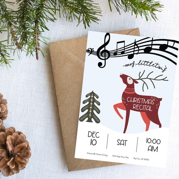 Editable Christmas Piano Recital Invitation Template; Music Notes Performance Invite; Reindeer Woodland Invite;Edit Online + Print Today