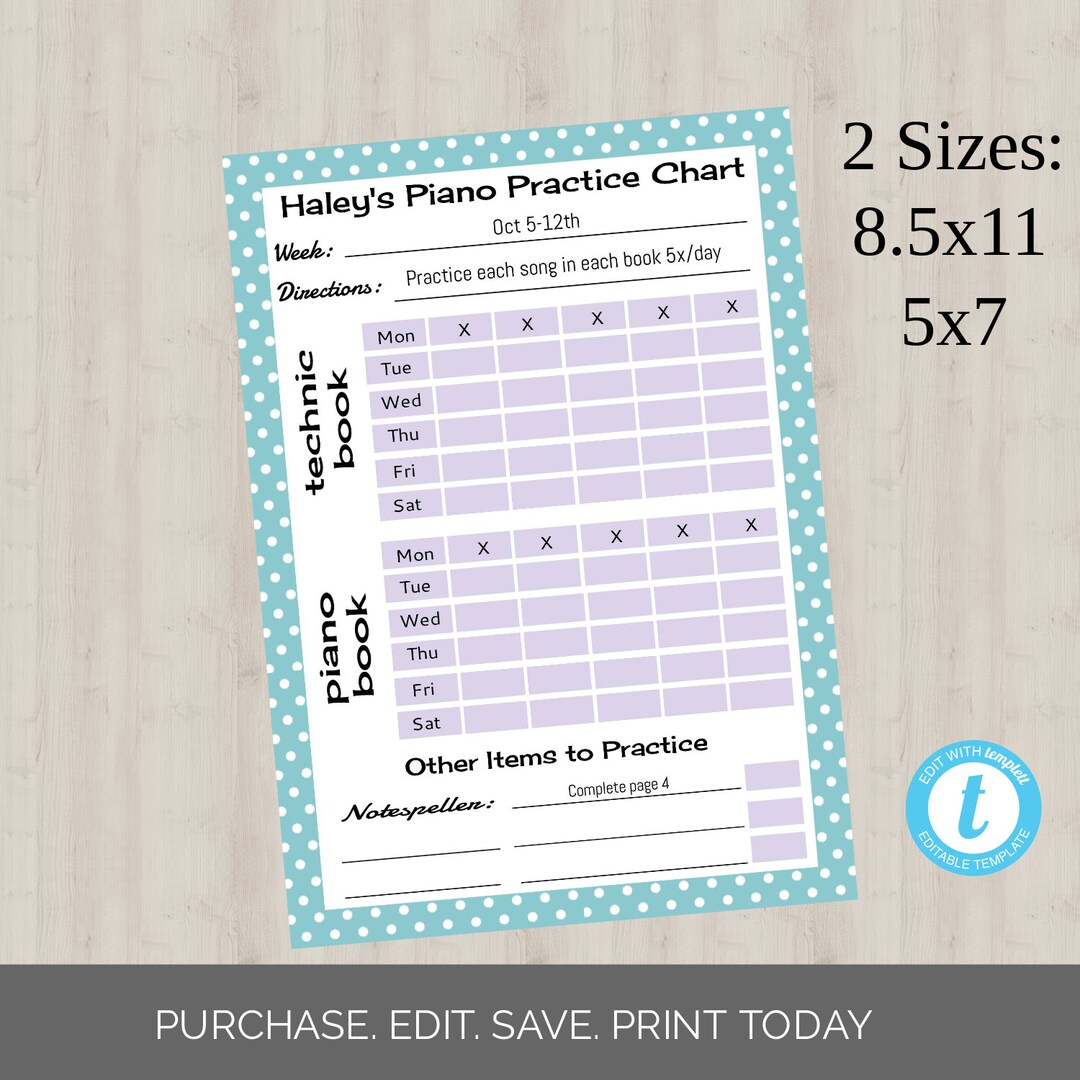 Editable Piano Practice Chart Template; Children's Piano Lesson Tracker