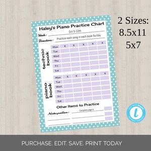 Plantilla de gráfico de práctica de piano editable; Seguimiento de lecciones de piano para niños; Tabla de progreso musical; Tamaños 5x7, 8.5x11 Descarga instantánea Imprimible
