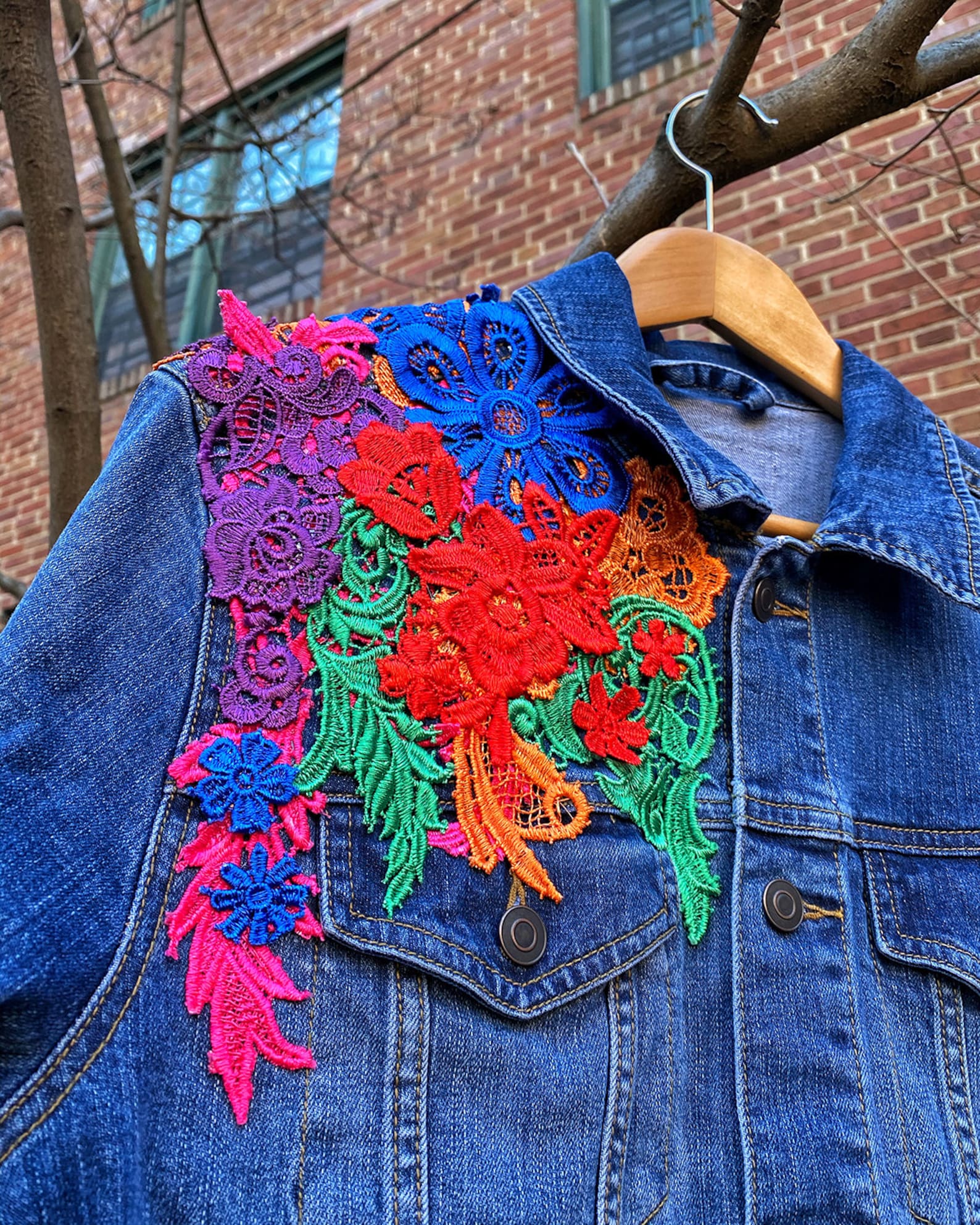 Patchwork Denim Jacket Embroidery Lace Etsy