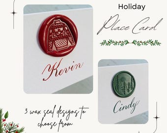 Calligraphy Holiday Place Card with Wax Seal: Christmas, Sweater, Snowflake