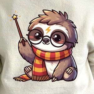 May include: A cartoon sloth wearing round glasses and a red and yellow striped scarf, holding a wand with a star on top.
