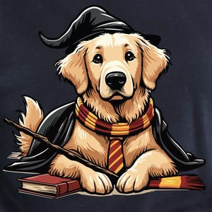 May include: A golden retriever dog wearing a black wizard robe and a red and yellow scarf, holding a magic wand and a book. The dog is wearing a pointed black hat.