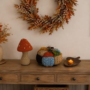 Handmade Crochet Patchwork Pumpkin, Cable-Knit Fall Centerpiece, Rustic Autumn Decor
