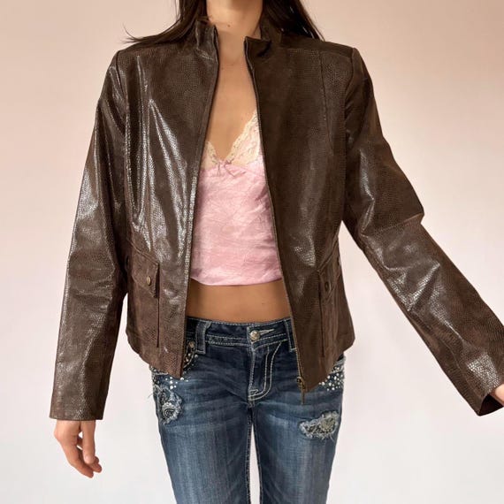 Light Purple Lamb Leather Snake Print Jacket with Golden Accents